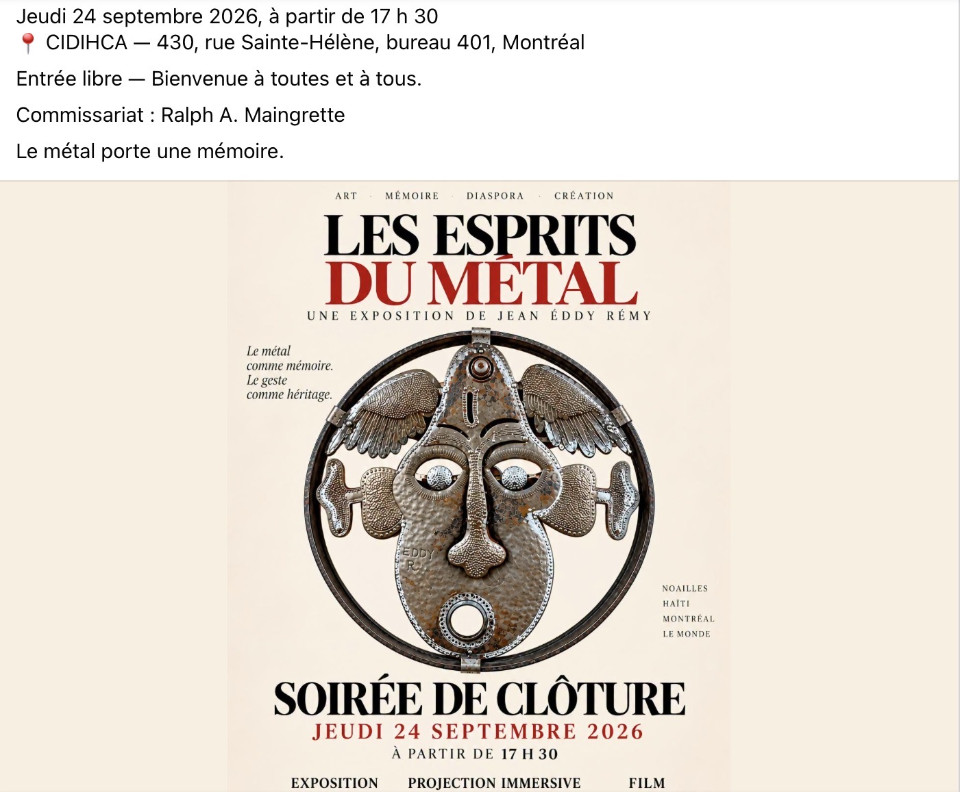 SOIRÉE DE CLÔTURE - CIDHCA, jeudi 24 septembre, à partir de 1730